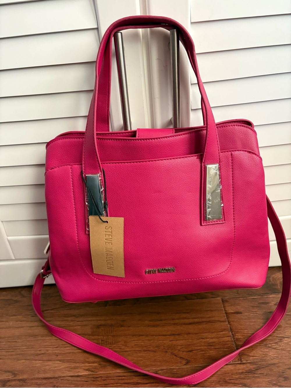 Steve Madden Bright Pink Pebbled Faux Leather Tote with Detachable Strap